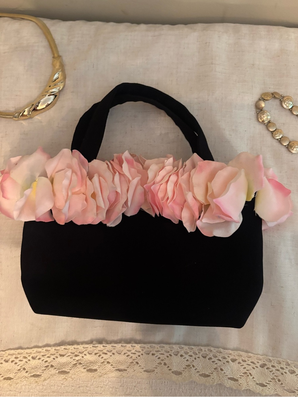 Laura Madrigano Handcrafted 3-D Pink Rose Petal Evening Handbag Black Romantic